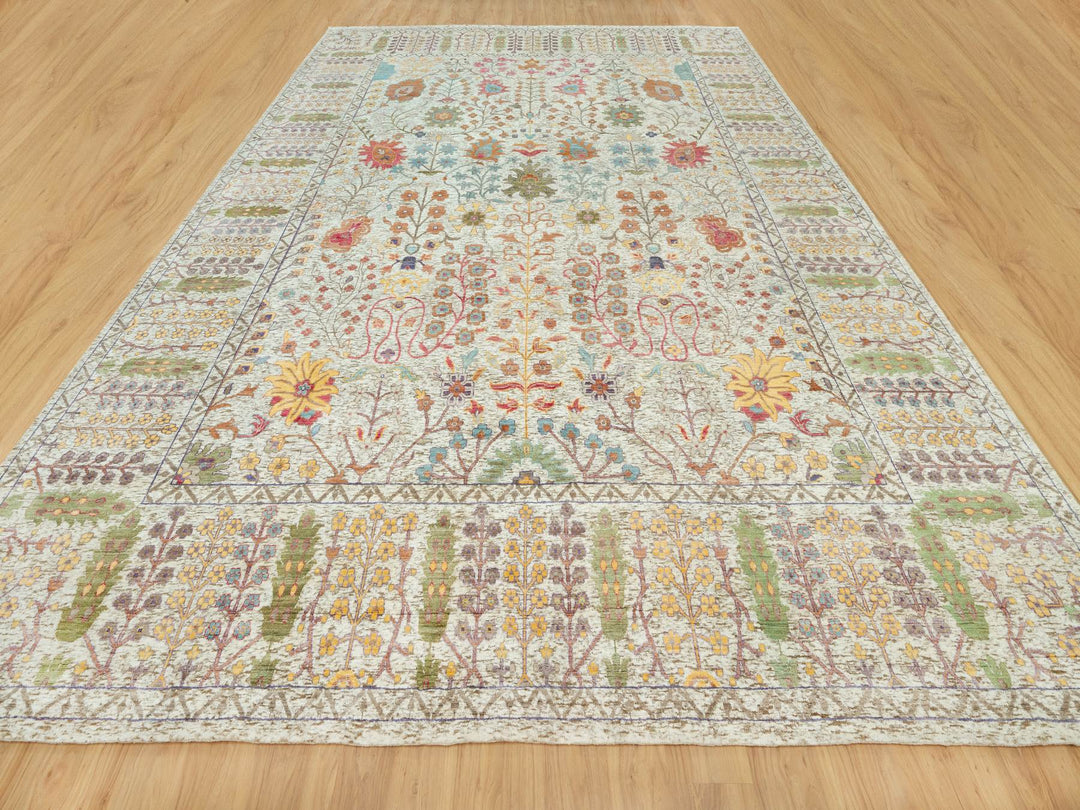 11'8" x 15'0" New Hand Knotted Beige Wool & Silk Rectangle Oriental Rug - MOA10290687