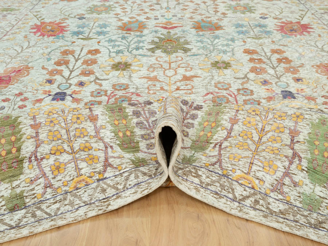 11'8" x 15'0" New Hand Knotted Beige Wool & Silk Rectangle Oriental Rug - MOA10290687