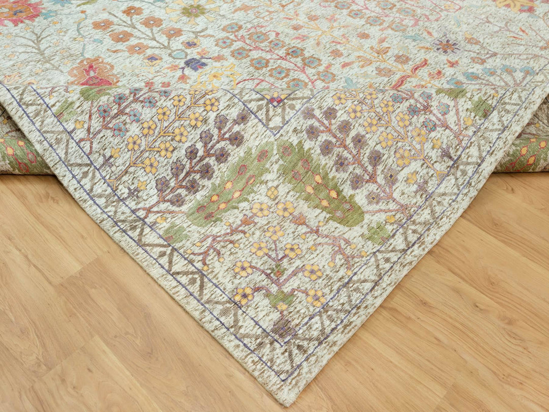 11'8" x 15'0" New Hand Knotted Beige Wool & Silk Rectangle Oriental Rug - MOA10290687