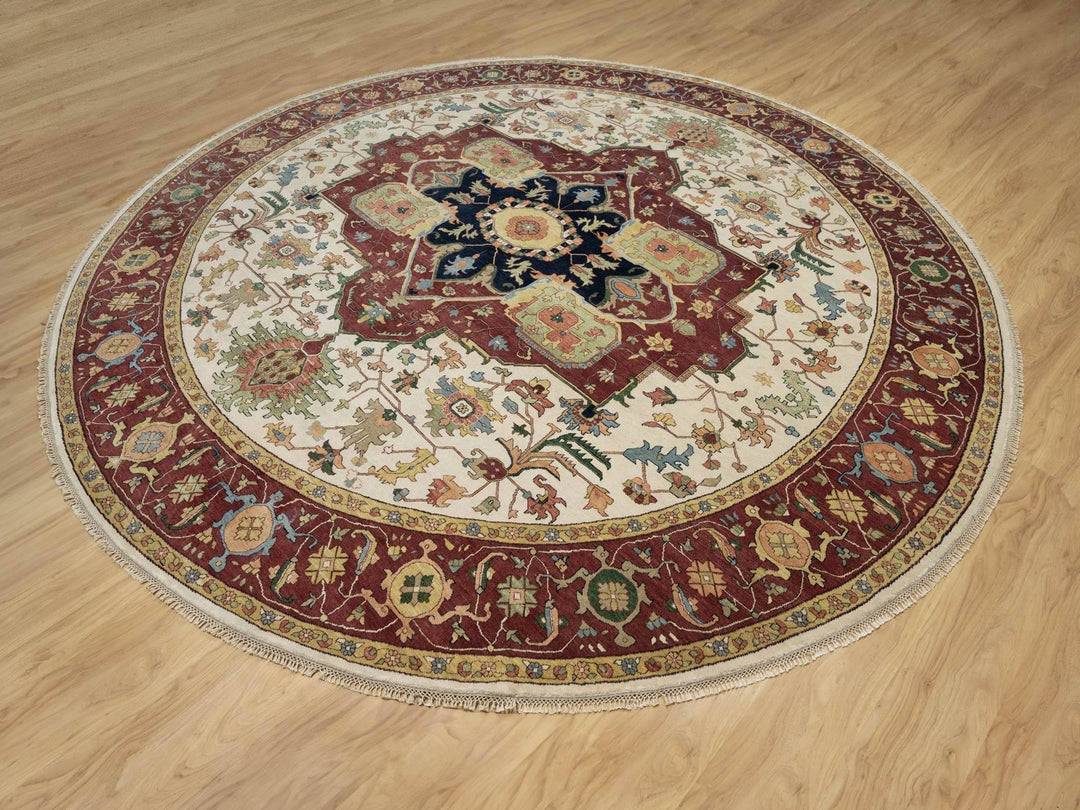 12'0" x 12'0" New Hand Knotted Ivory Wool Round Oriental Rug - MOA10290739