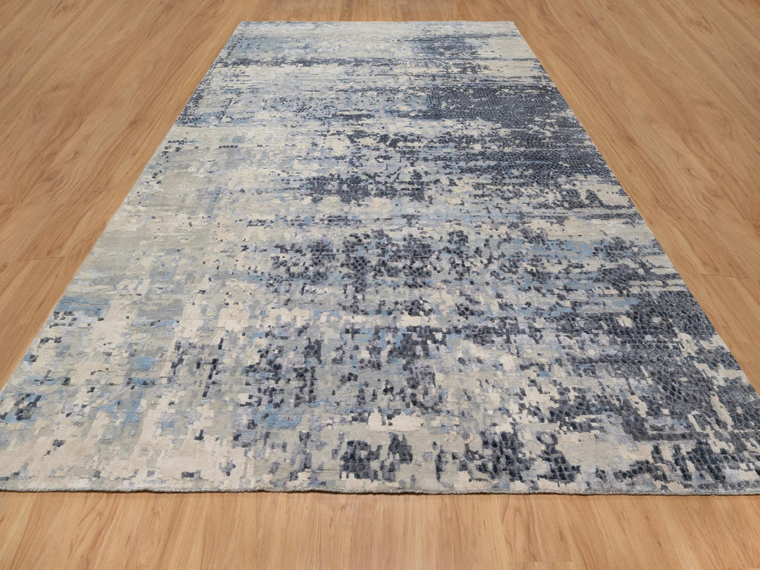 9'10" x 13'7" New Hand Knotted Blue Wool & Silk Rectangle Oriental Rug - MOA10290806