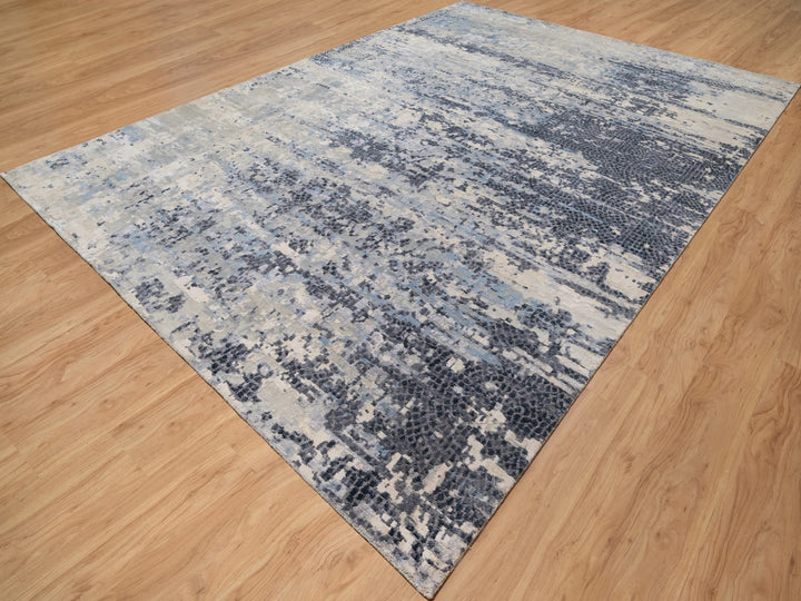 9'10" x 13'7" New Hand Knotted Blue Wool & Silk Rectangle Oriental Rug - MOA10290806