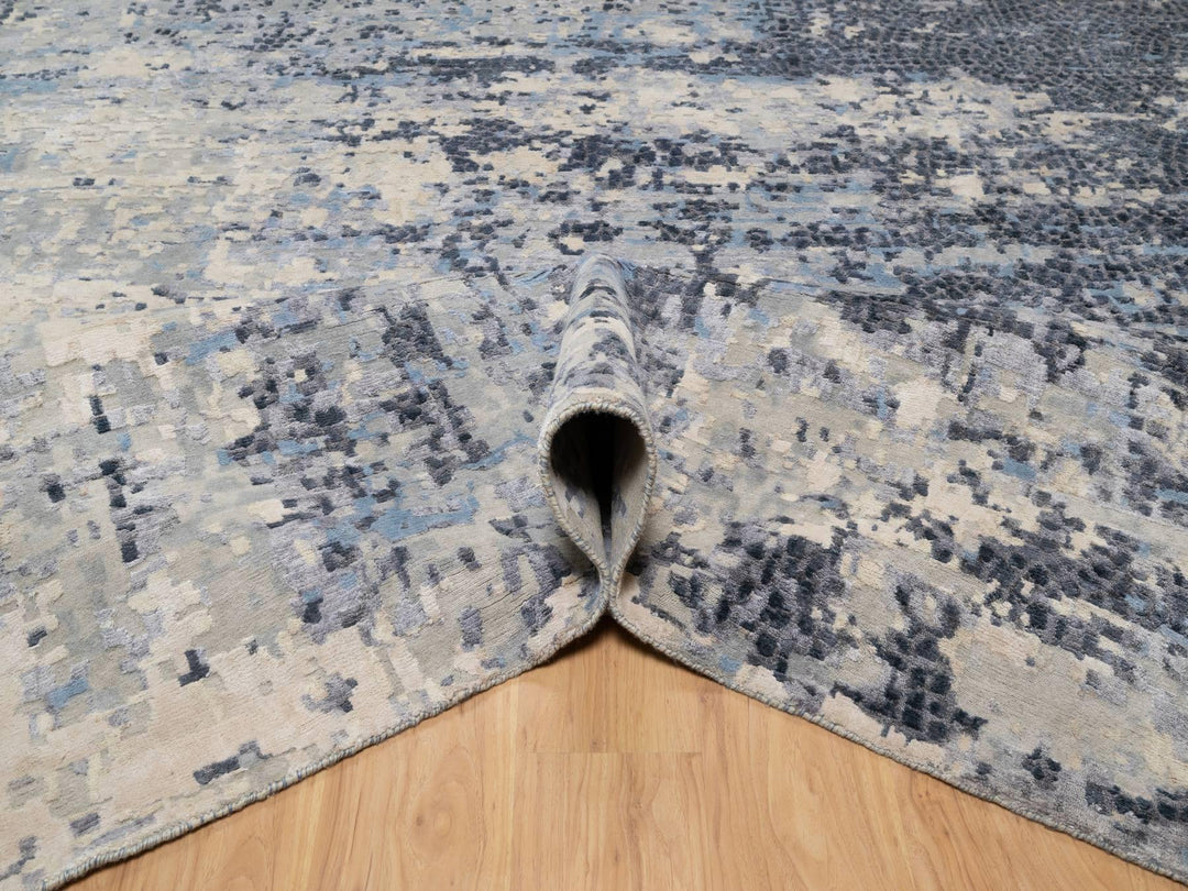 9'10" x 13'7" New Hand Knotted Blue Wool & Silk Rectangle Oriental Rug - MOA10290806