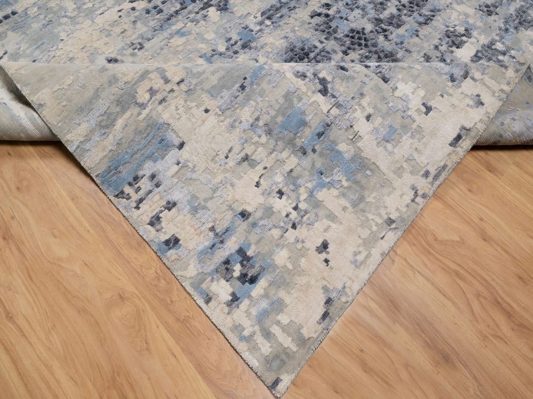 9'10" x 13'7" New Hand Knotted Blue Wool & Silk Rectangle Oriental Rug - MOA10290806