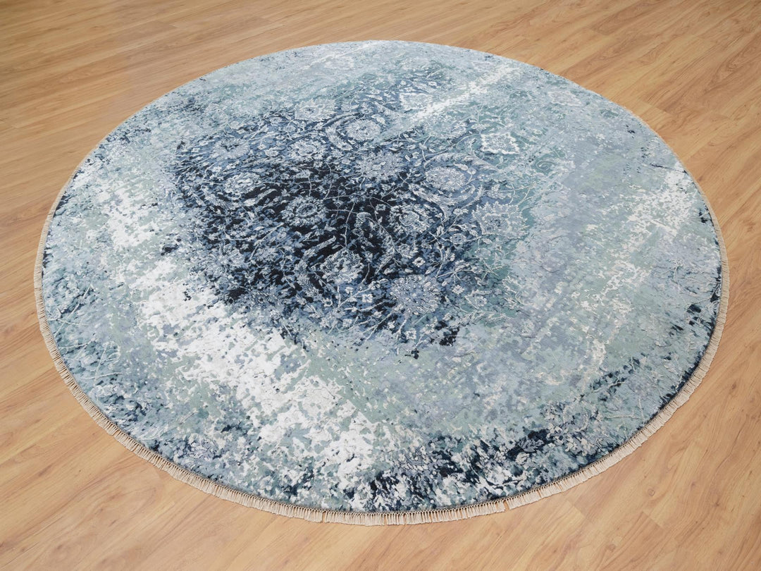 12'0" x 12'0" New Hand Knotted Grey Wool & Silk Round Oriental Rug - MOA10290808