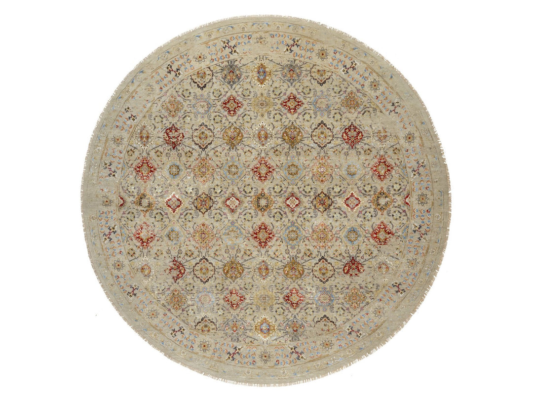 12'0" x 12'0" New Hand Knotted Beige Wool & Silk Round Oriental Rug - MOA10290813