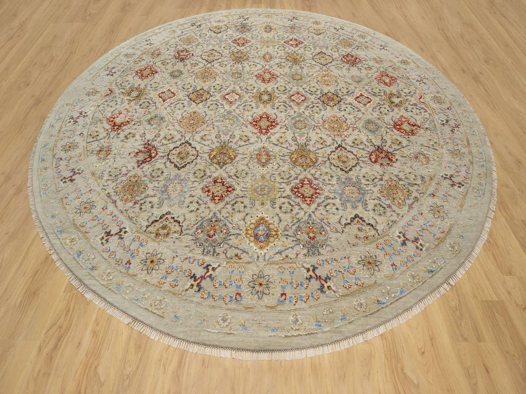 12'0" x 12'0" New Hand Knotted Beige Wool & Silk Round Oriental Rug - MOA10290813