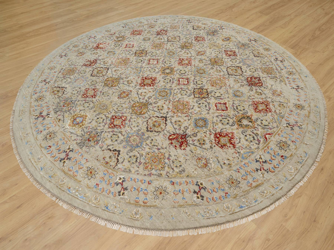 12'0" x 12'0" New Hand Knotted Beige Wool & Silk Round Oriental Rug - MOA10290813