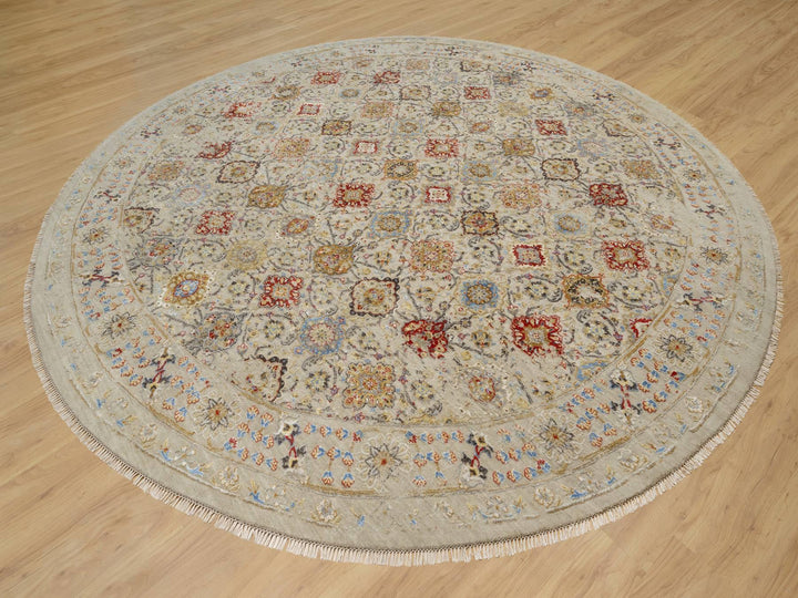 12'0" x 12'0" New Hand Knotted Beige Wool & Silk Round Oriental Rug - MOA10290813