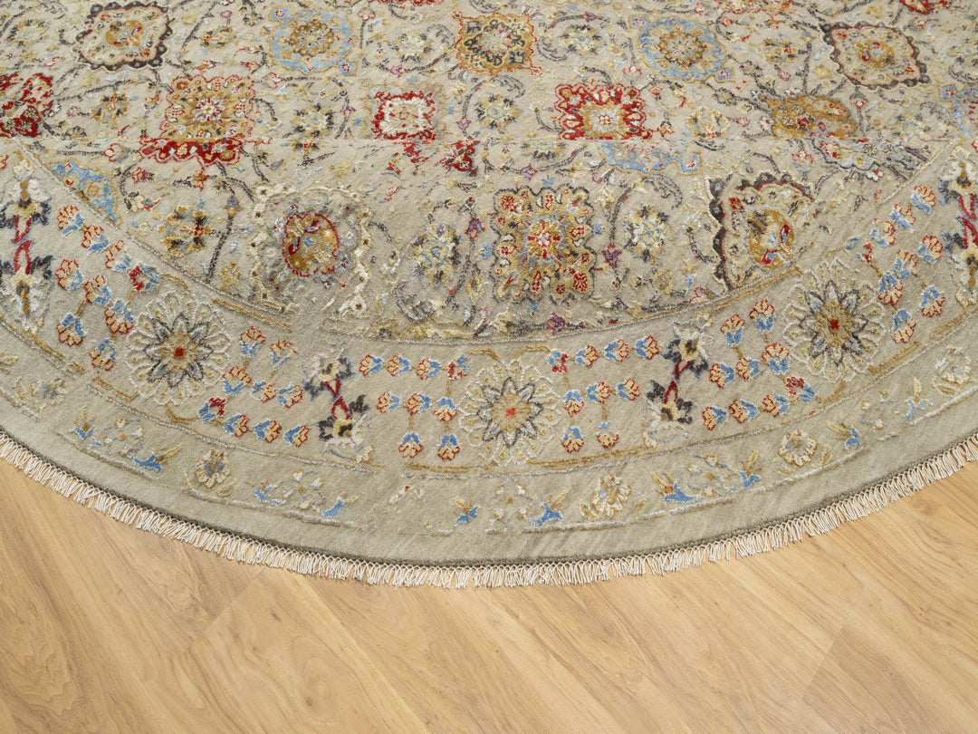12'0" x 12'0" New Hand Knotted Beige Wool & Silk Round Oriental Rug - MOA10290813