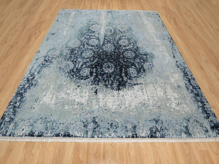 10'1" x 10'4" New Hand Knotted Grey Wool & Silk Square Oriental Rug - MOA10290820