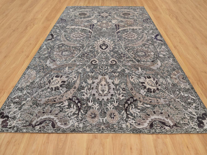 9'11" x 13'10" New Hand Knotted Brown Wool & Silk Rectangle Oriental Rug - MOA10290948