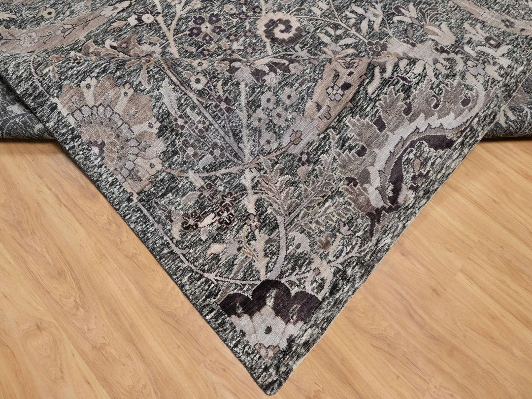 9'11" x 13'10" New Hand Knotted Brown Wool & Silk Rectangle Oriental Rug - MOA10290948