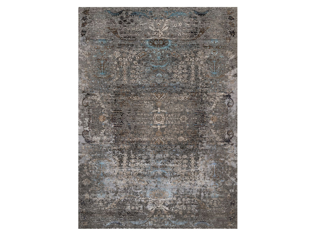 9'11" x 14'0" New Hand Knotted Grey Wool & Silk Rectangle Oriental Rug - MOA10290954