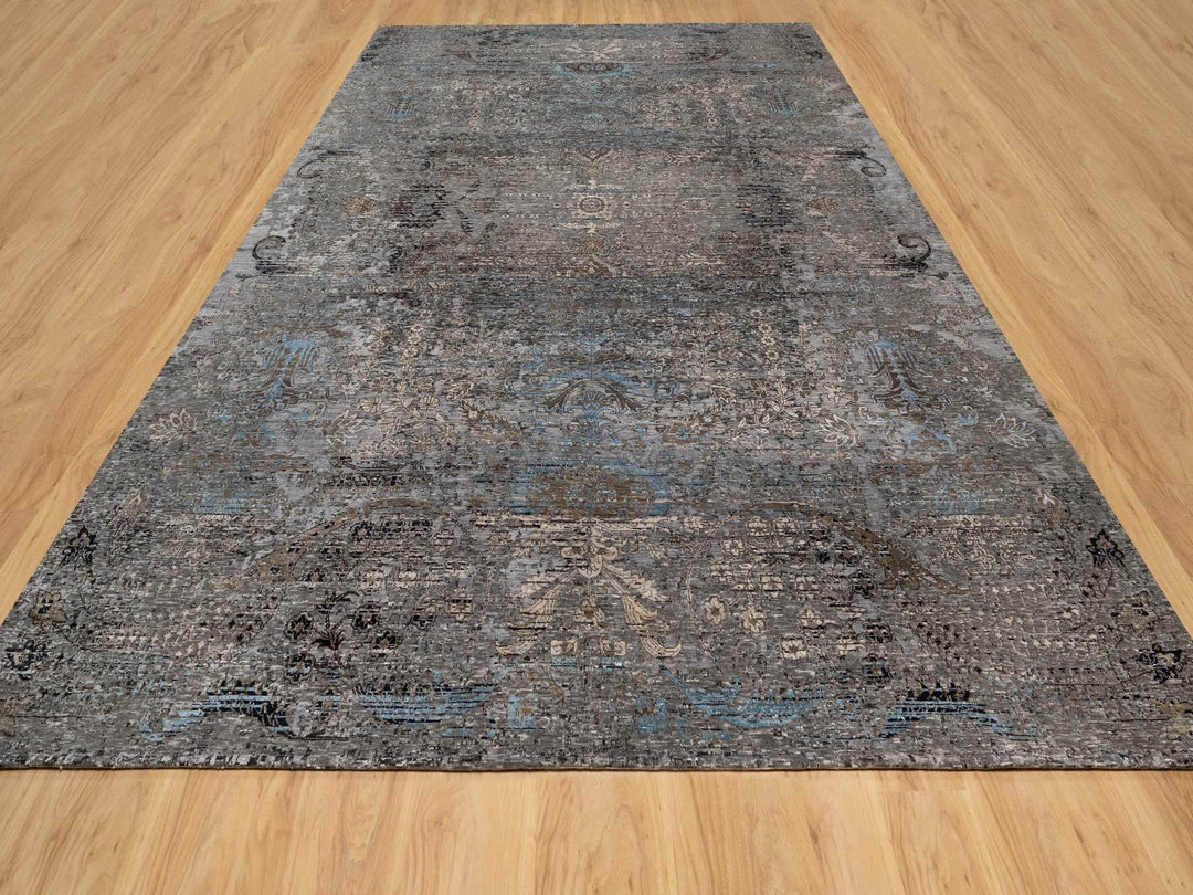 9'11" x 14'0" New Hand Knotted Grey Wool & Silk Rectangle Oriental Rug - MOA10290954