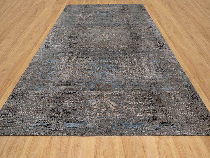 9'11" x 14'0" New Hand Knotted Grey Wool & Silk Rectangle Oriental Rug - MOA10290954
