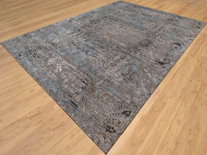 9'11" x 14'0" New Hand Knotted Grey Wool & Silk Rectangle Oriental Rug - MOA10290954
