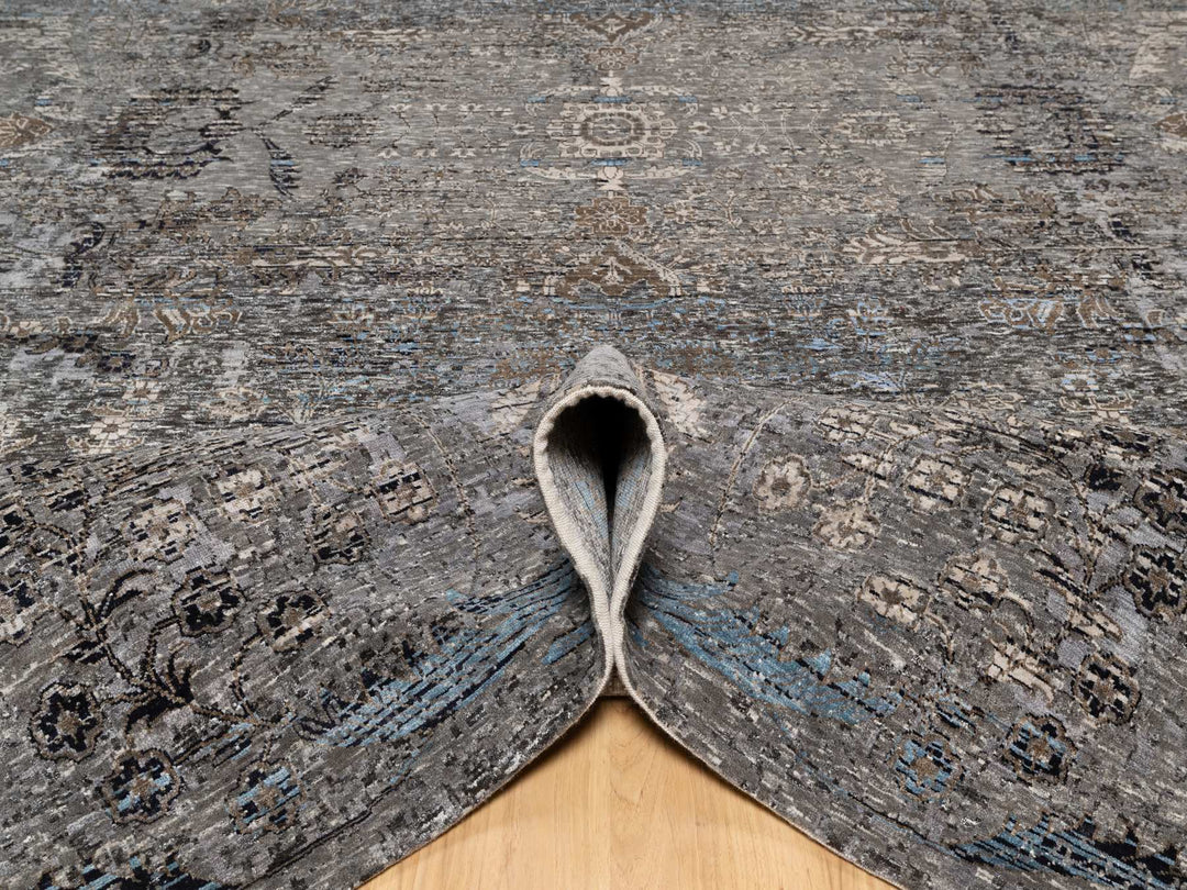 9'11" x 14'0" New Hand Knotted Grey Wool & Silk Rectangle Oriental Rug - MOA10290954