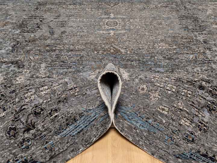 9'11" x 14'0" New Hand Knotted Grey Wool & Silk Rectangle Oriental Rug - MOA10290954