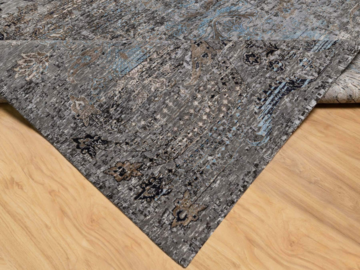 9'11" x 14'0" New Hand Knotted Grey Wool & Silk Rectangle Oriental Rug - MOA10290954