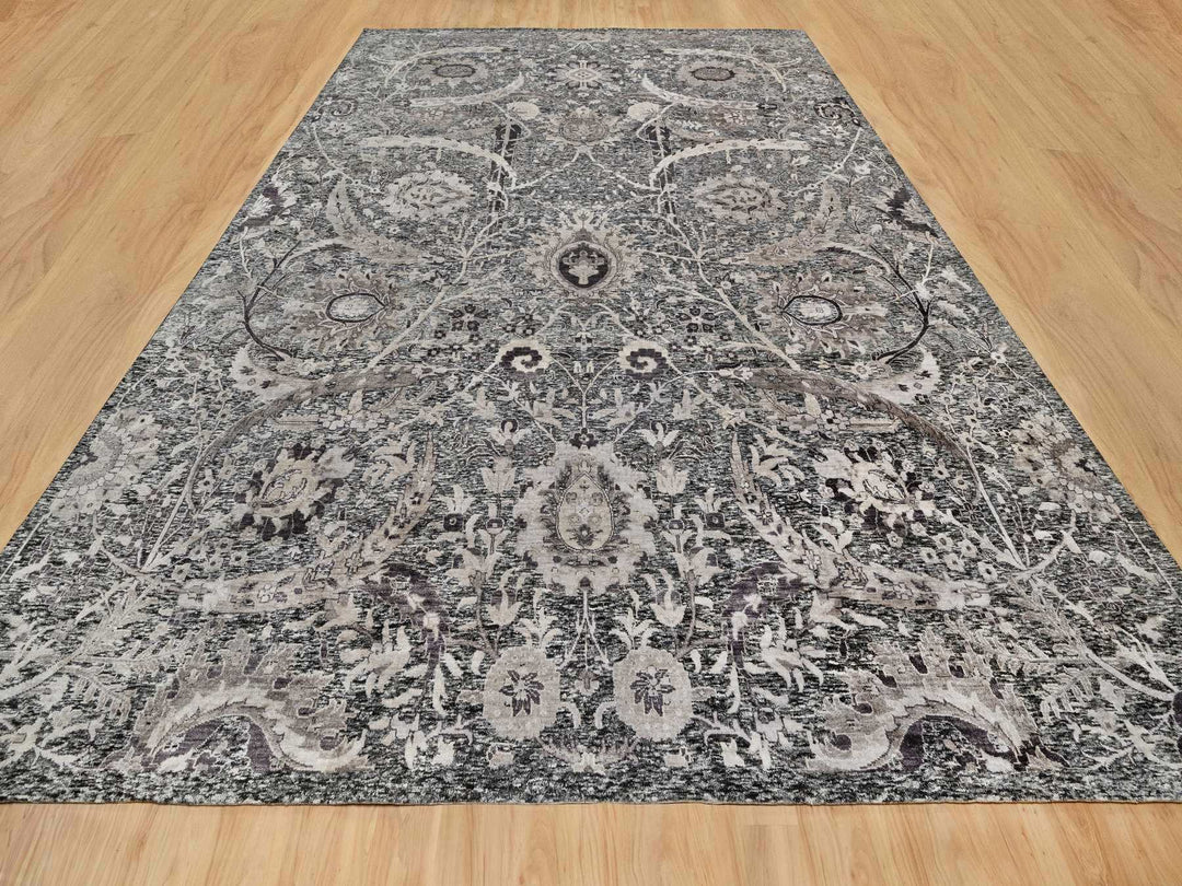 11'8" x 14'11" New Hand Knotted Brown Wool & Silk Rectangle Oriental Rug - MOA10290966