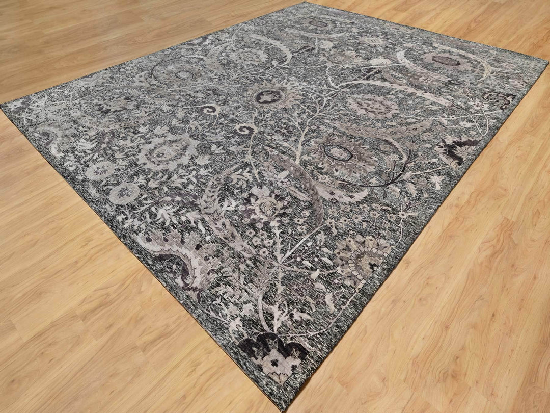 11'8" x 14'11" New Hand Knotted Brown Wool & Silk Rectangle Oriental Rug - MOA10290966