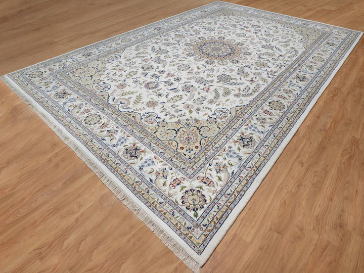 11'9" x 18'1" New Hand Knotted Ivory Wool & Silk Rectangle Oriental Rug - MOA10291127