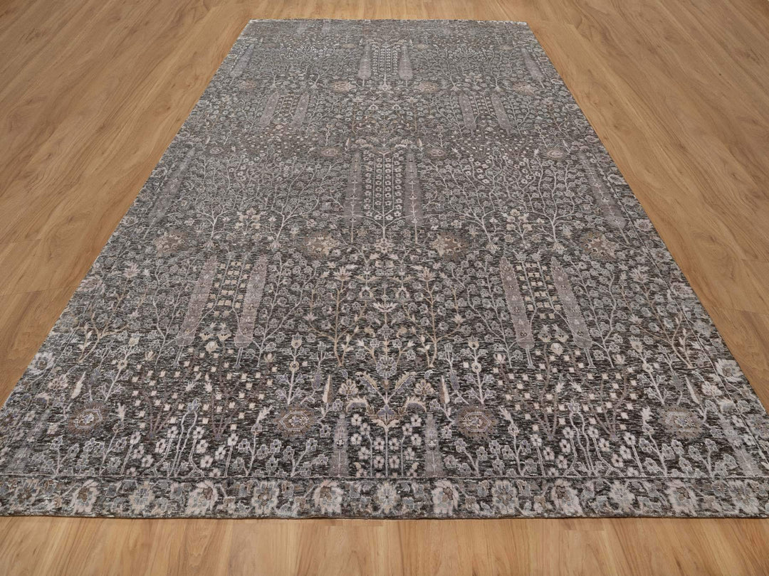 9'9" x 14'2" New Hand Knotted Grey Wool & Silk Rectangle Oriental Rug - MOA10291171