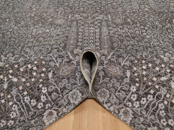 9'9" x 14'2" New Hand Knotted Grey Wool & Silk Rectangle Oriental Rug - MOA10291171