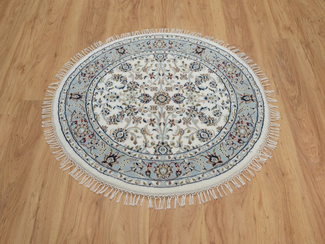 3'1" x 3'1" New Hand Knotted Ivory Wool & Silk Round Oriental Rug - MOA10291554