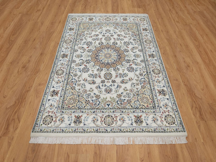 4'8" x 6'10" New Hand Knotted Ivory Wool & Silk Rectangle Oriental Rug - MOA10291583