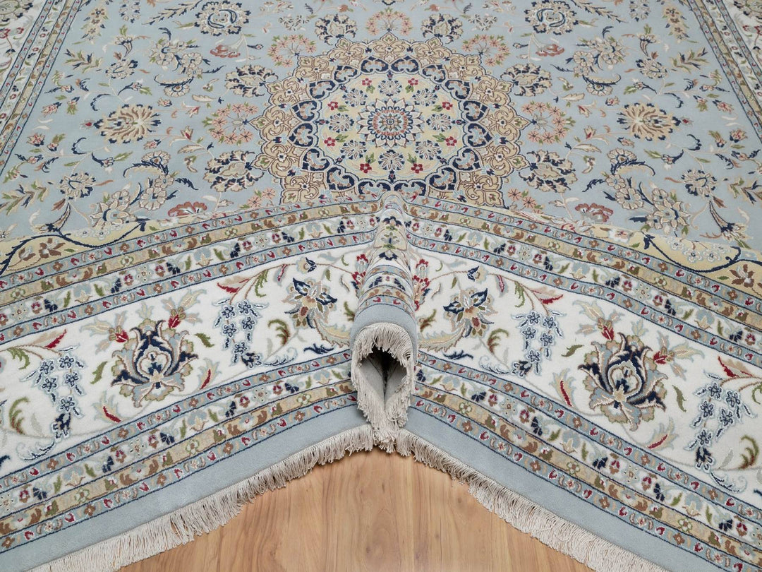 11'9" x 15'4" New Hand Knotted Blue Wool & Silk Rectangle Oriental Rug - MOA10291629