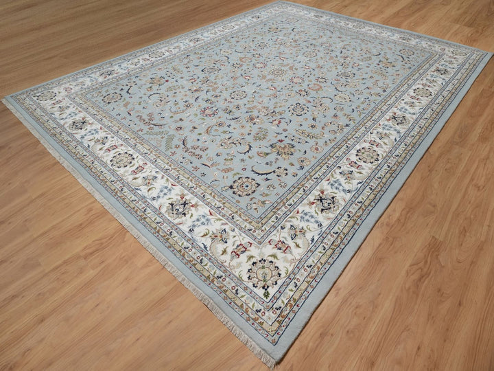 11'11" x 15'7" New Hand Knotted Blue Wool & Silk Rectangle Oriental Rug - MOA10291630