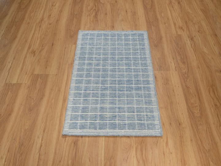 1'11" x 3'1" New Hand Loomed Blue Wool Rectangle Oriental Rug - MOA10291745