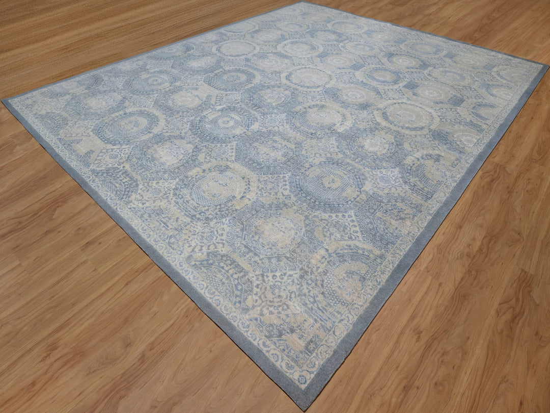 12'0" x 14'10" New Hand Knotted Blue Wool Rectangle Oriental Rug - MOA10291854