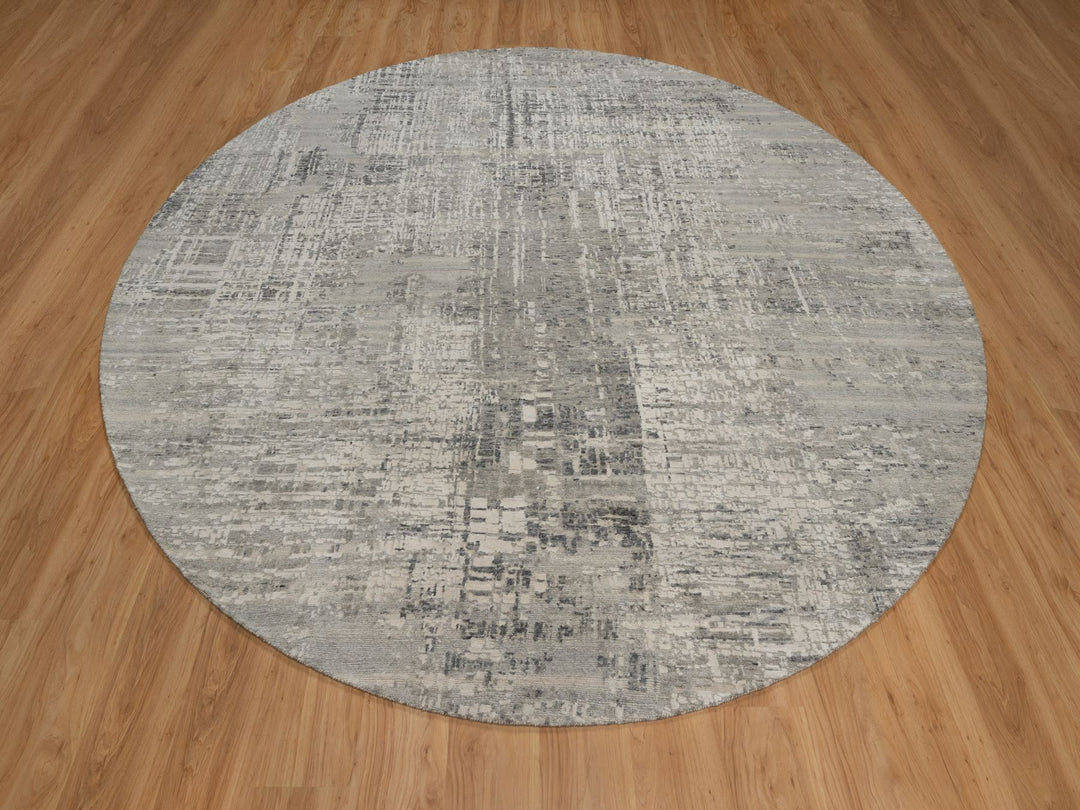 9'11" x 9'11" New Hand Knotted Grey Wool Round Oriental Rug - MOA10291862