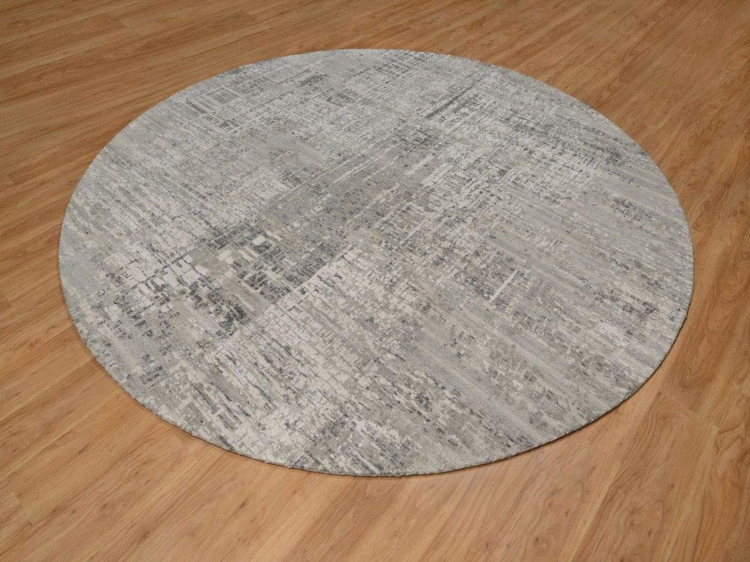 9'11" x 9'11" New Hand Knotted Grey Wool Round Oriental Rug - MOA10291862