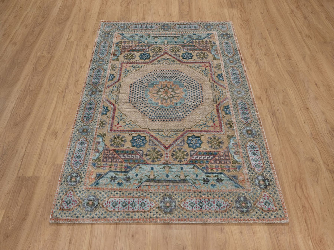 4'1" x 6'0" New Hand Knotted Brown Wool & Silk Rectangle Oriental Rug - MOA10291913