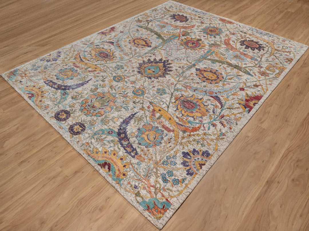 7'11" x 10'0" New Hand Knotted Ivory Wool & Silk Rectangle Oriental Rug - MOA10291923