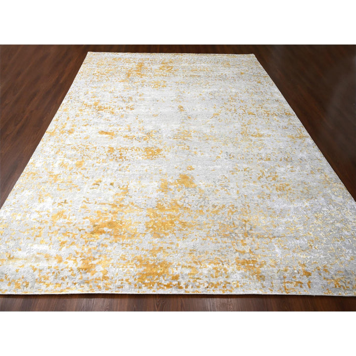 12'0" x 14'9" New Hand Knotted Beige Wool & Silk Rectangle Oriental Rug - MOA10210208