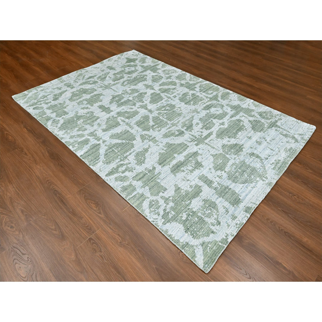 6'7" x 9'6" New Hand Loomed Green Wool & Silk Rectangle Oriental Rug - MOA10210282