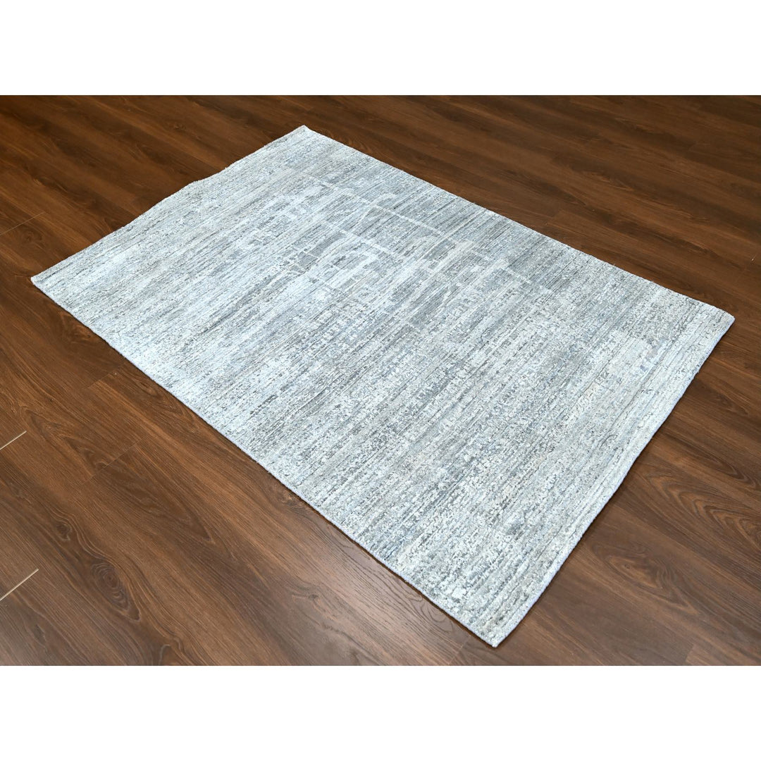 4'2" x 6'0" New Hand Loomed Grey Wool & Silk Rectangle Oriental Rug - MOA10210289