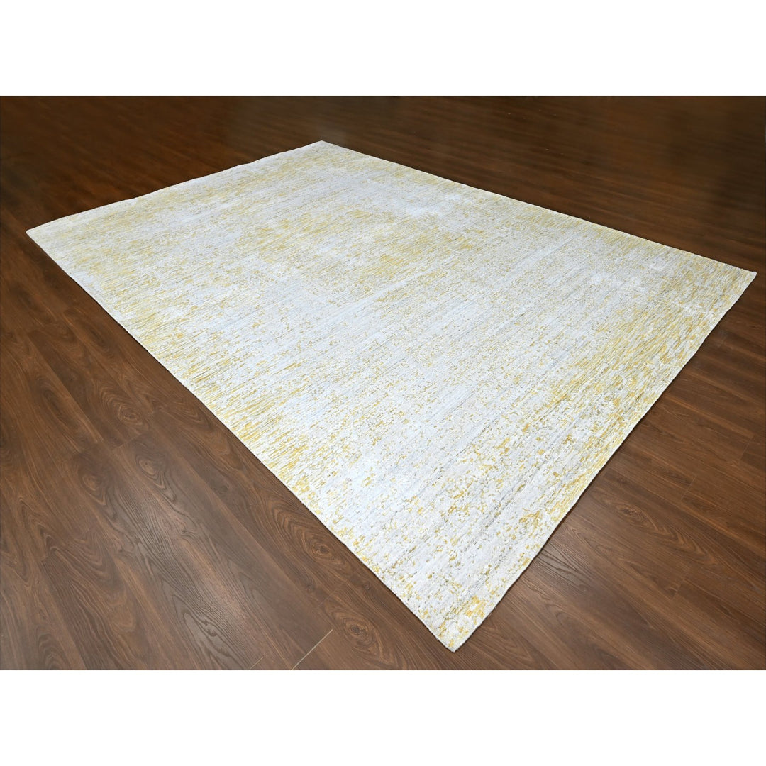 9'10" x 13'10" New Hand Loomed Yellow Wool & Silk Rectangle Oriental Rug - MOA10210291