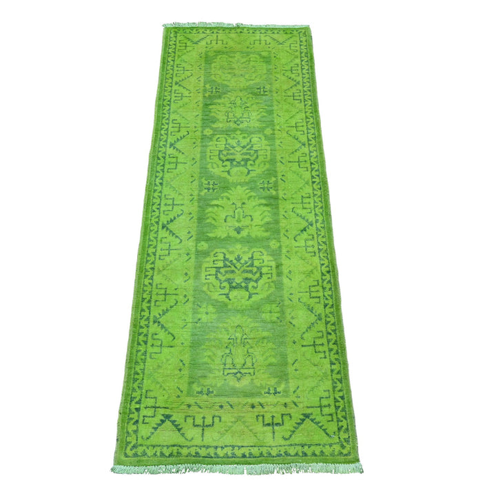 1'11" x 5'5" New Hand Knotted Green Wool Runner Oriental Rug - MOA10220679