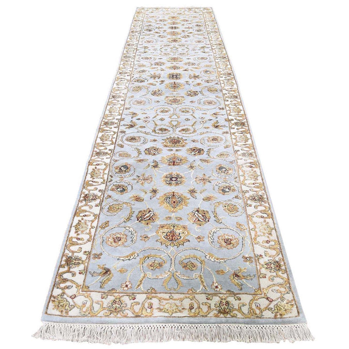 2'7" x 12'0" New Hand Knotted Grey Wool & Silk Runner Oriental Rug - MOA10243170