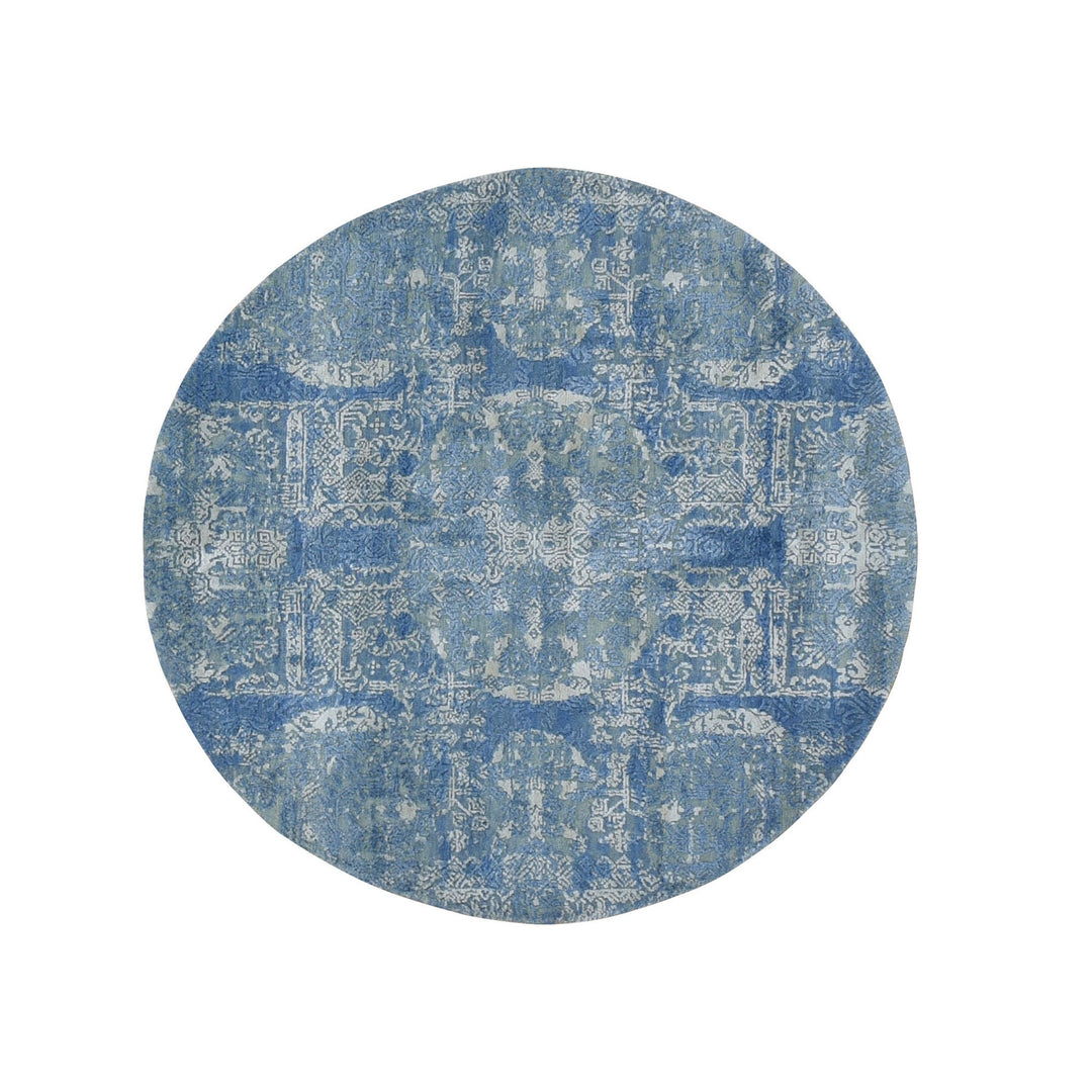 4'0" x 4'0" New Hand Knotted Blue Wool & Pure Silk Round Oriental Rug - MOA10249949