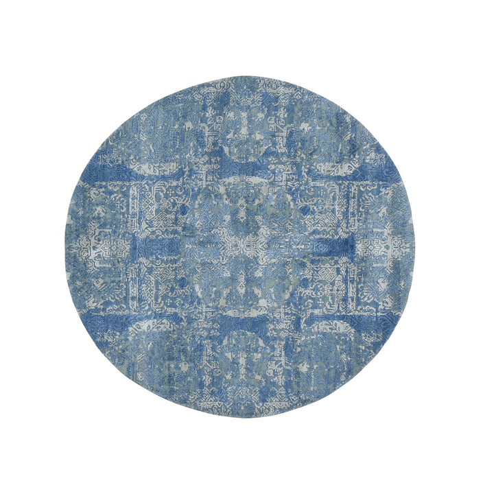 4'0" x 4'0" New Hand Knotted Blue Wool & Pure Silk Round Oriental Rug - MOA10249949