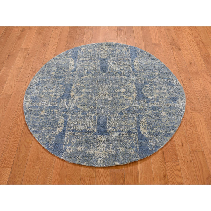 4'0" x 4'0" New Hand Knotted Blue Wool & Pure Silk Round Oriental Rug - MOA10249949