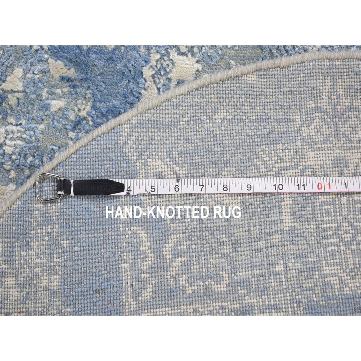 4'0" x 4'0" New Hand Knotted Blue Wool & Pure Silk Round Oriental Rug - MOA10249949