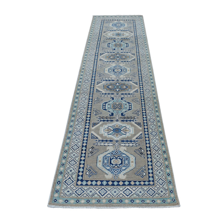 2'6" x 9'9" New Hand Knotted Grey Wool Runner Oriental Rug - MOA10254681